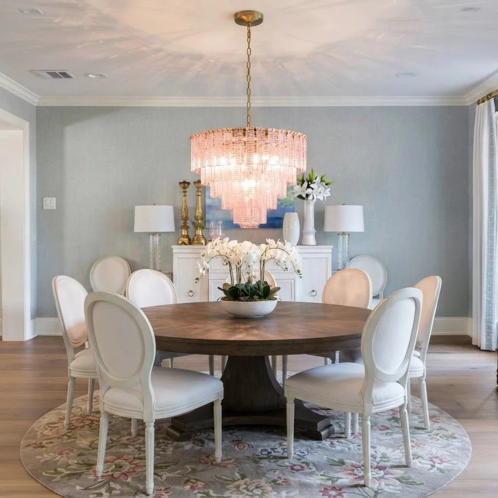 Modern Pink Crystal Glass Chandelier Over Round Dining Table