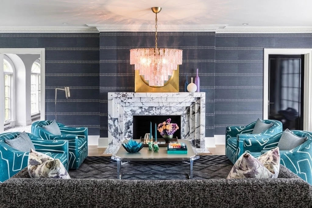 Modern Pink Multi-Tier Crystal Chandelier in Luxury Living Room
