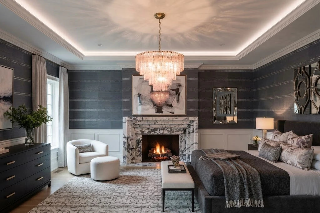 Modern Pink Crystal Glass Chandelier in Luxury Master Bedroom