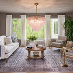 Modern Pink Multi-Tier Crystal Chandelier in Contemporary Living Space