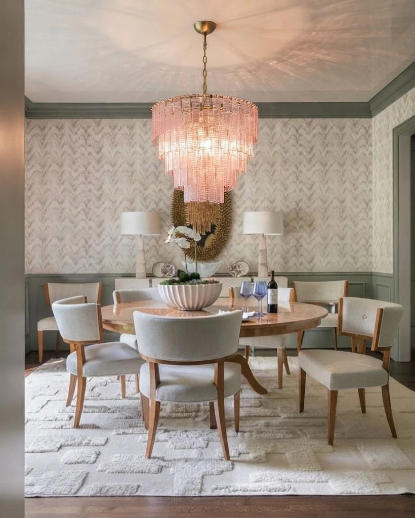 Modern Pink Crystal Glass Chandelier in Elegant Dining Area