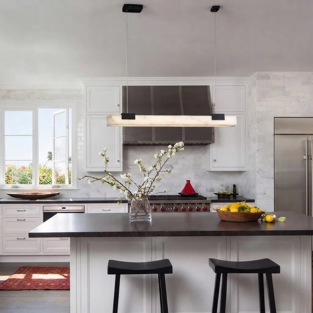 Modern Linear Alabaster Pendant Light Over Kitchen Island