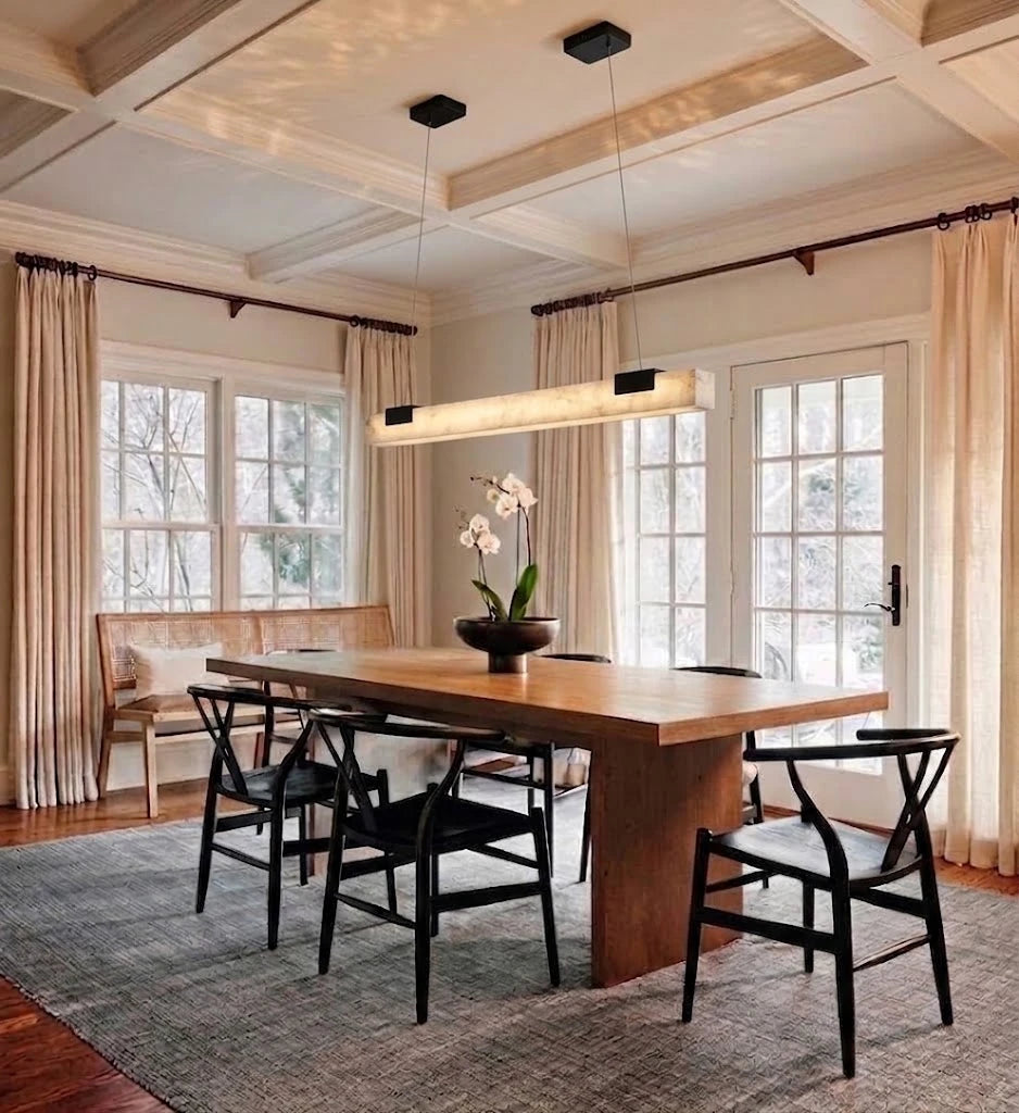 Modern Alabaster Art Glass Linear Pendant Over Dining Table