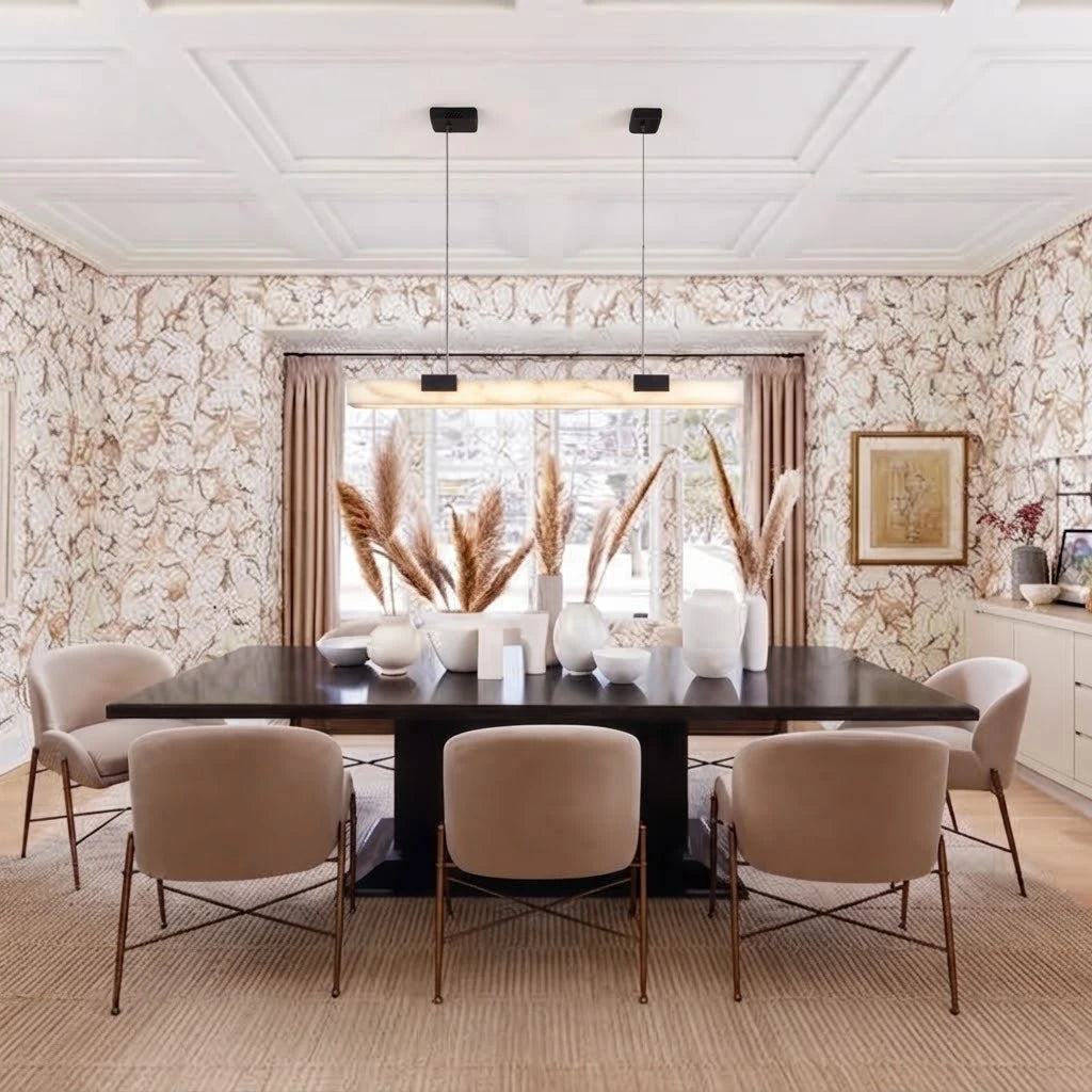 Modern Alabaster Art Glass Linear Pendant Over Formal Dining Room