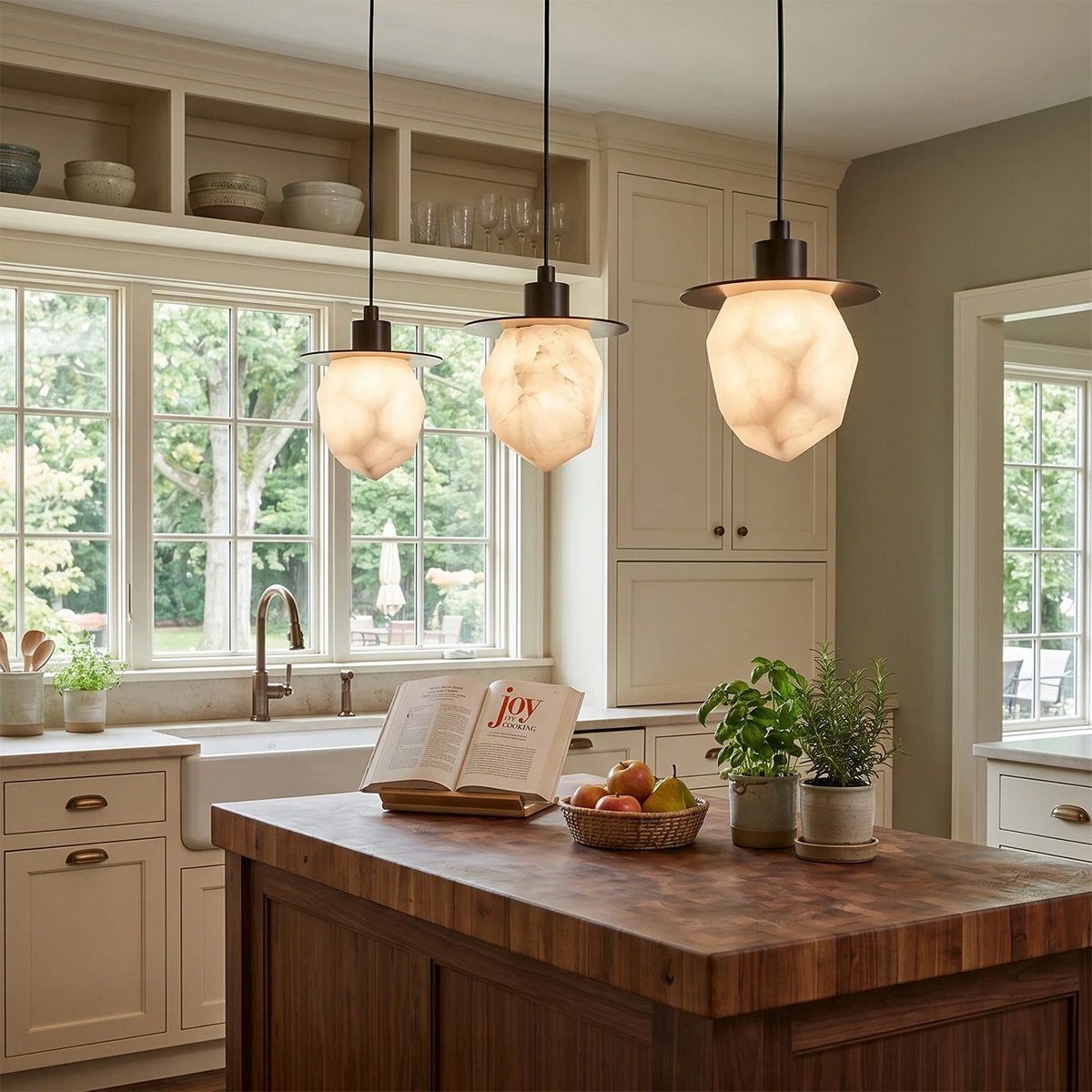 Row of Three Stone Pendant Lights Over Kitchen Island Counter