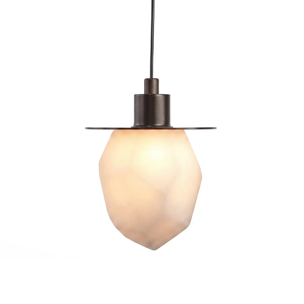 Modern Organic Geometric Stone Pendant Light with Brass Accent on Pure White Background