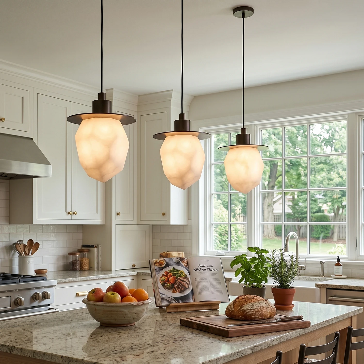 Cluster of Stone Pendant Lights Over Marble Kitchen Counter