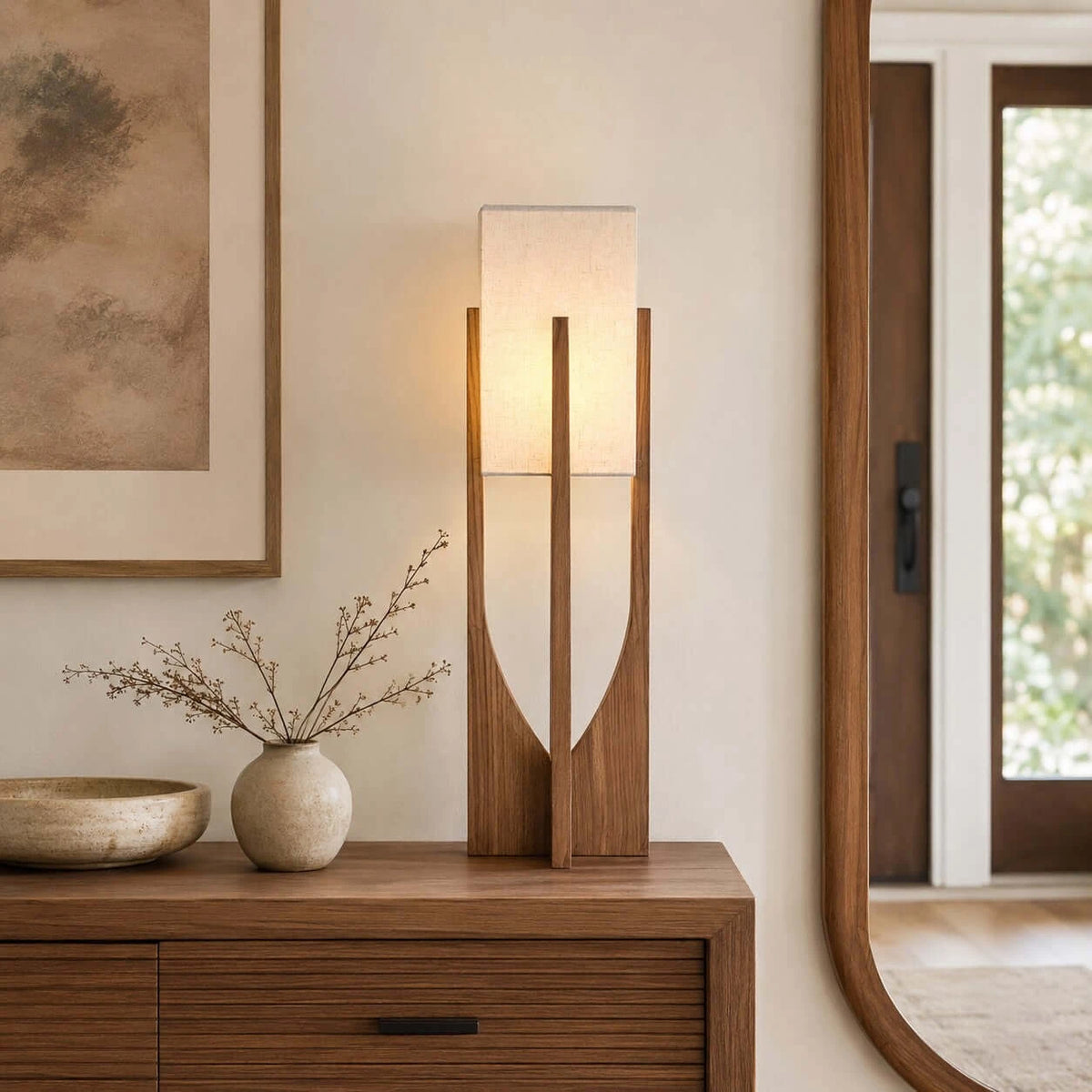 Fairbanks Floor Lamp — Sculptural Wood Frame & Fabric Shade, Living Room & Bedroom