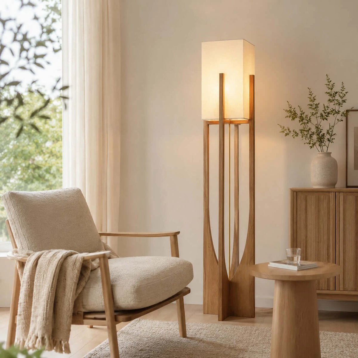 Fairbanks Floor Lamp — Sculptural Wood Frame & Fabric Shade, Living Room & Bedroom