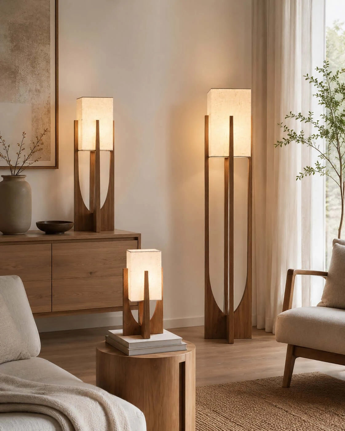 Fairbanks Floor Lamp — Sculptural Wood Frame & Fabric Shade, Living Room & Bedroom