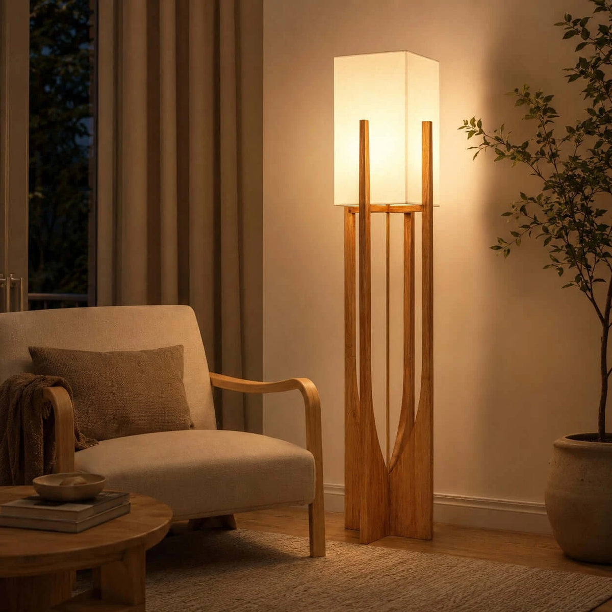 Fairbanks Floor Lamp — Sculptural Wood Frame & Fabric Shade, Living Room & Bedroom