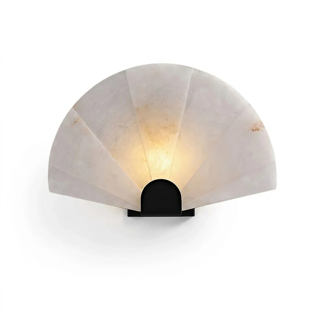 Modern Fan Shaped Natural Alabaster Wall Sconce with Black Metal Base