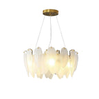 Modern Brass and Feather Art Glass Chandelier with Gold Canopy on Pure White Background