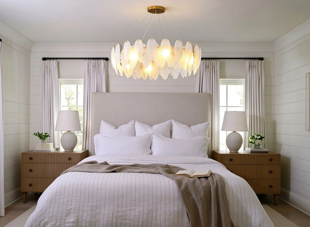Modern Brass Feather Art Glass Chandelier in Elegant Bedroom