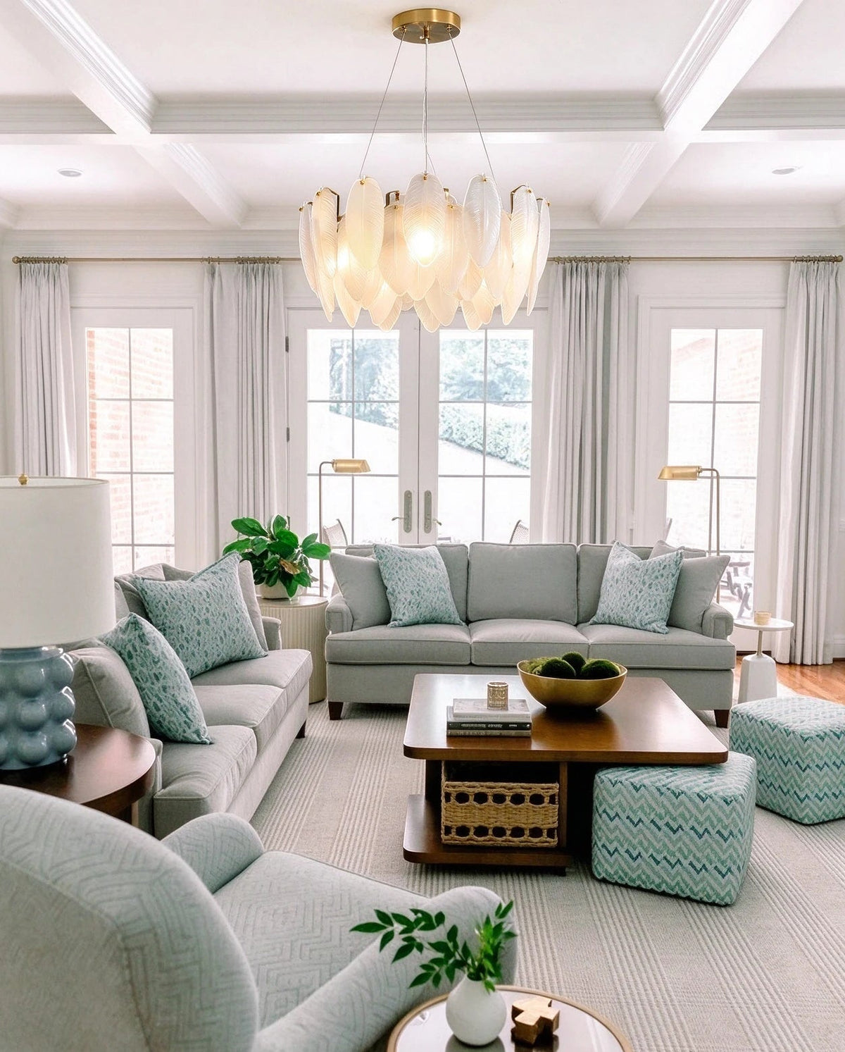 Modern Brass Feather Art Glass Chandelier in Cozy Living Space