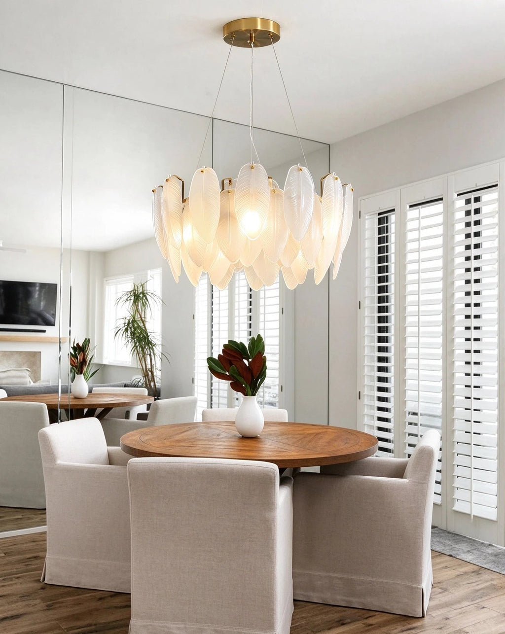 Modern Feather Art Glass Chandelier in Open Plan Dining Setting