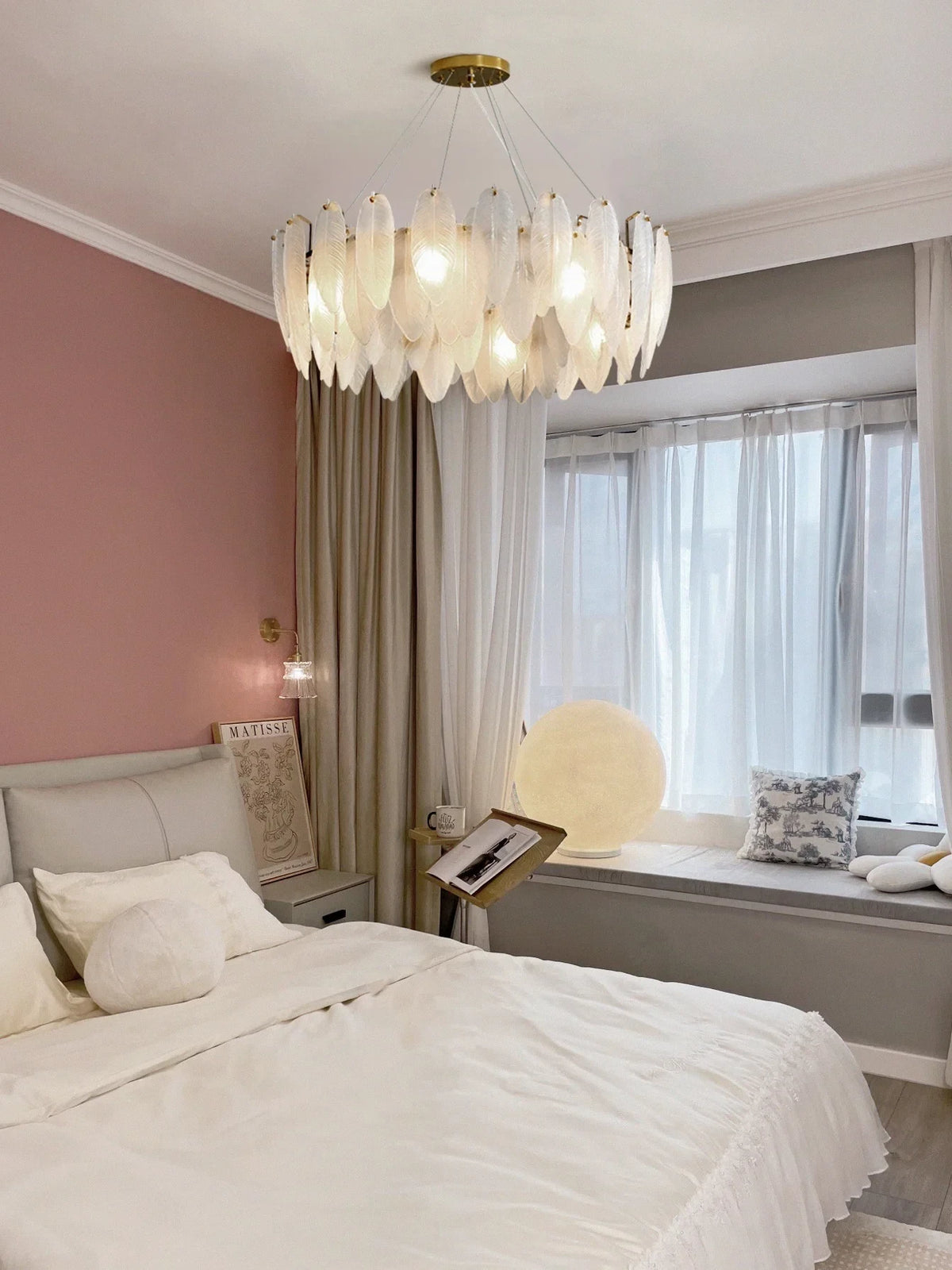 Modern Brass Feather Art Glass Chandelier in Cozy Bedroom Interior