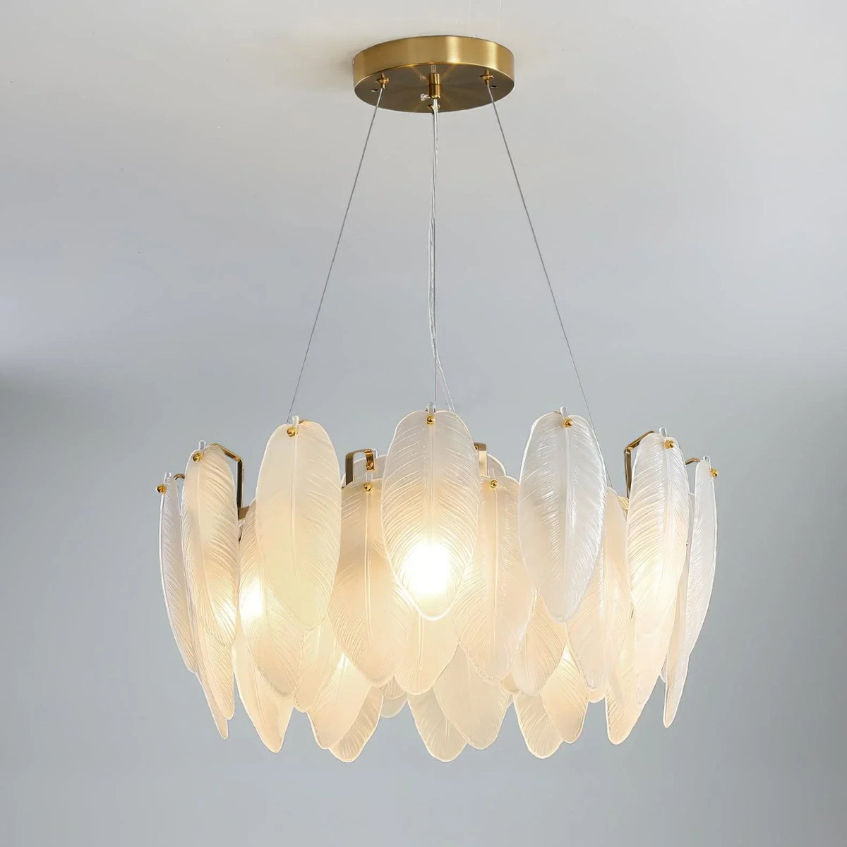 Illuminated Modern Feather Art Glass Chandelier Studio Display