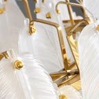 Close Up View of Modern Brass Frame and Feather Art Glass Connection Details