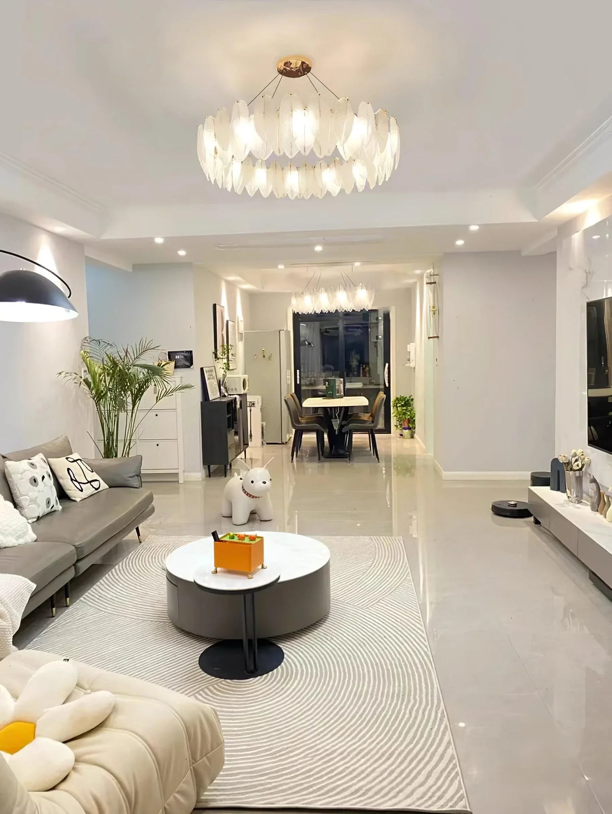 Modern Feather Art Glass Chandelier in Open Plan Hallway Area