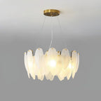 Illuminated Modern Brass Feather Art Glass Chandelier Studio Shot