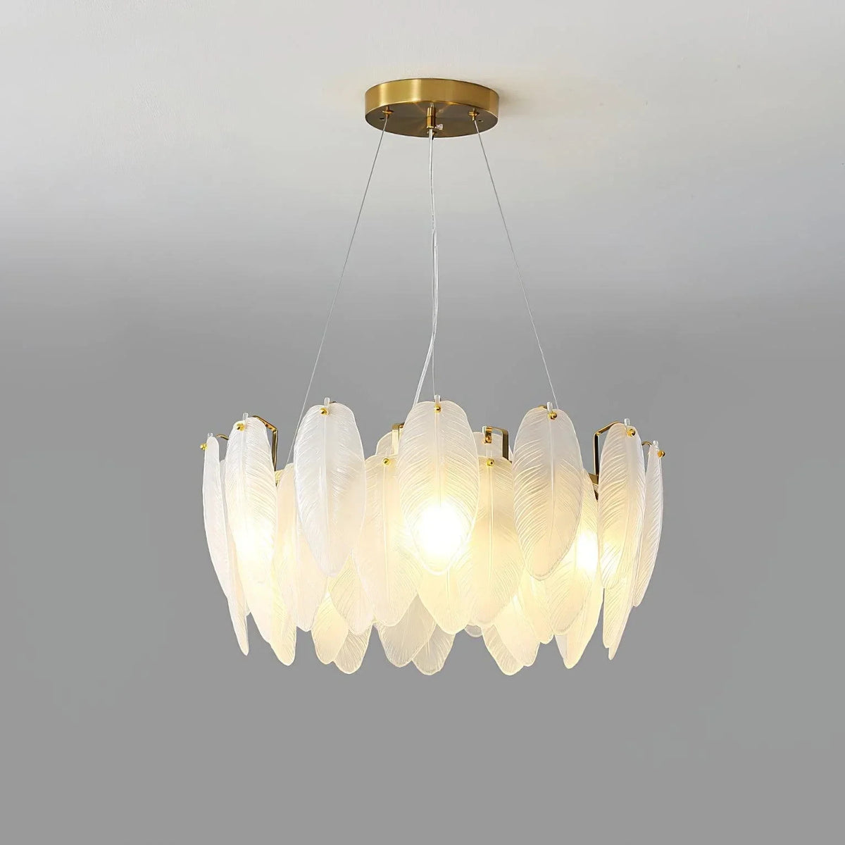 Illuminated Modern Brass Feather Art Glass Chandelier Studio Shot