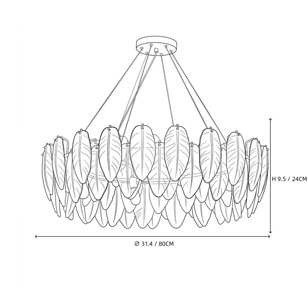 Modern Feather Art Glass Chandelier Line Art Dimension Diagram