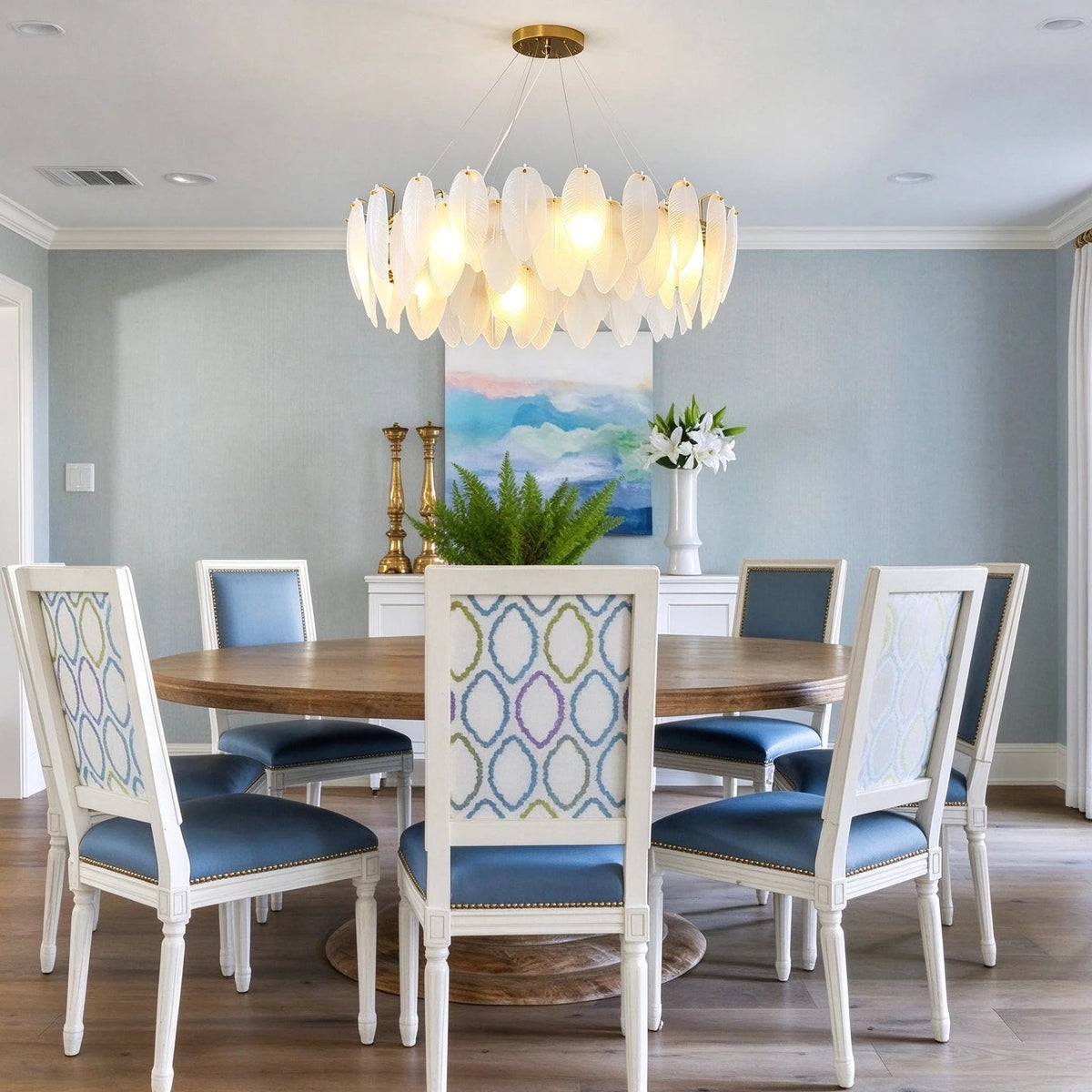 Modern Feather Art Glass Chandelier Over Round Dining Table