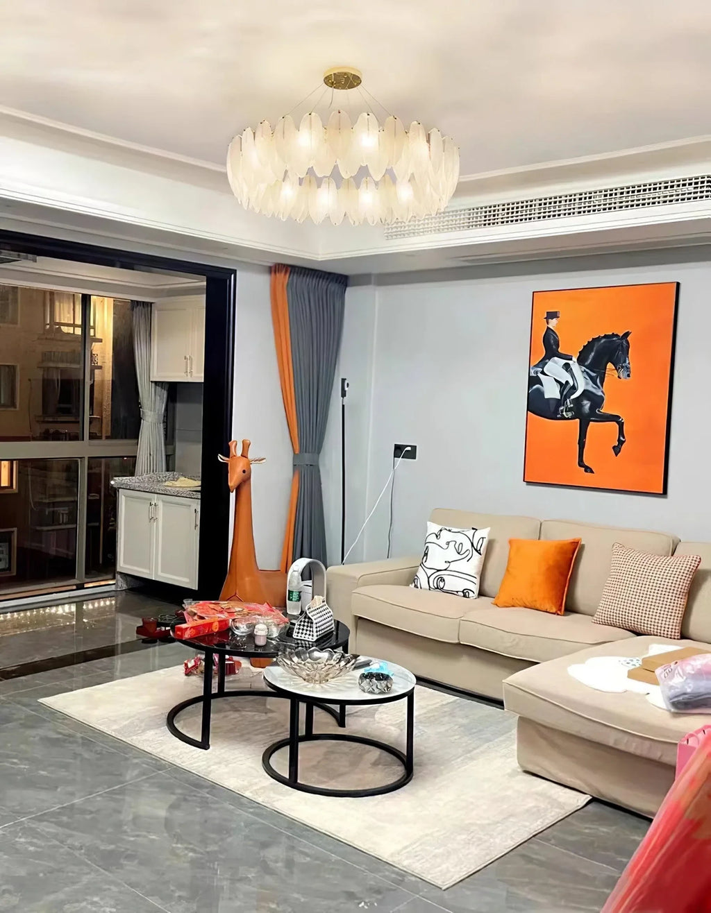 Modern Brass Feather Art Glass Chandelier in Contemporary Living Room
