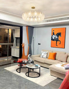 Modern Brass Feather Art Glass Chandelier in Contemporary Living Room