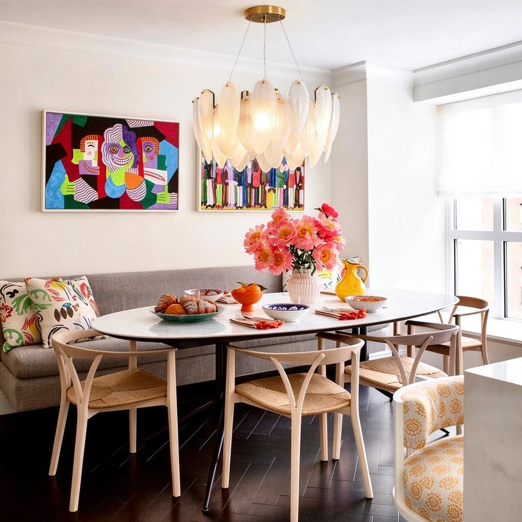 Modern Brass Feather Art Glass Chandelier Over Dining Nook