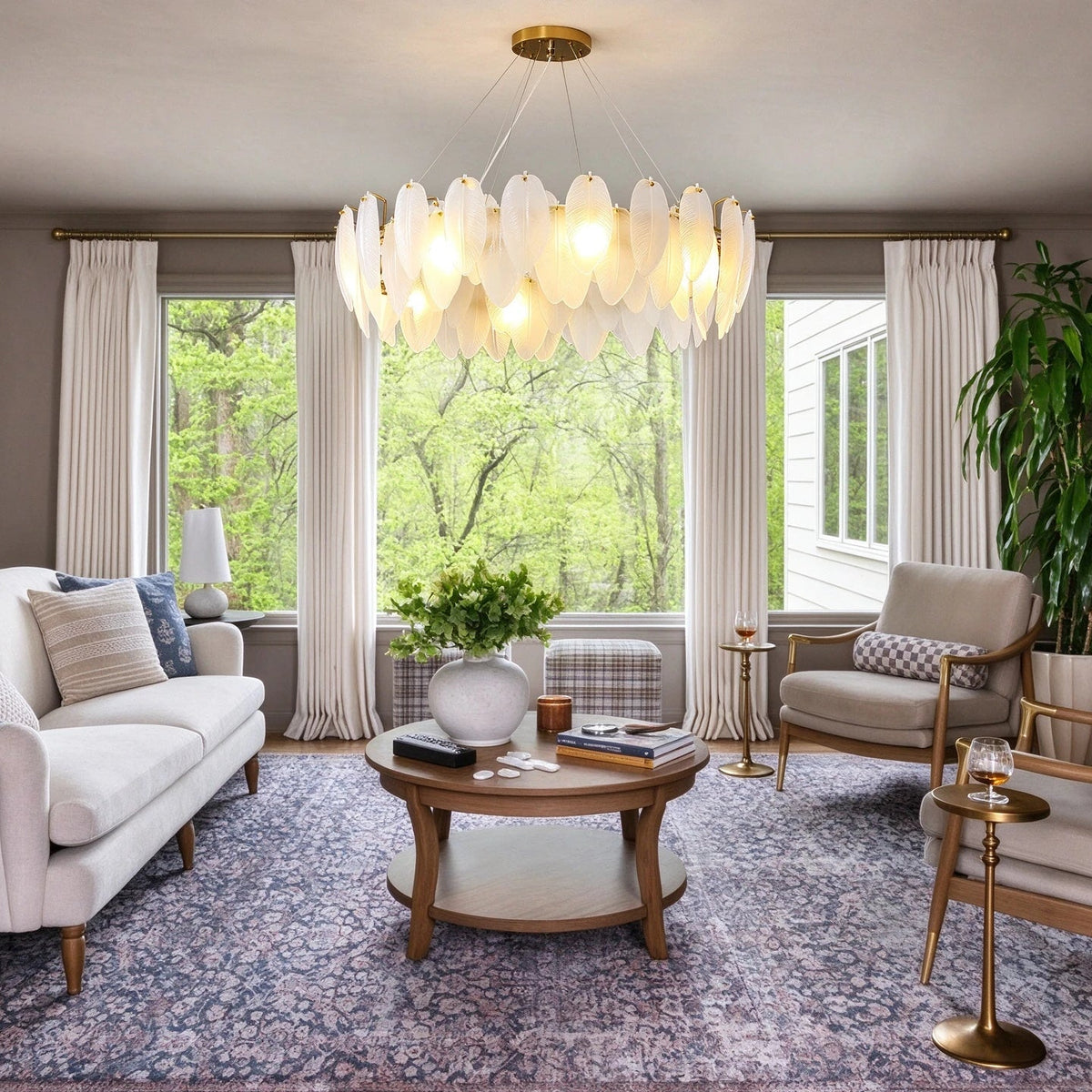 Modern Feather Art Glass Chandelier in Bright Living Room