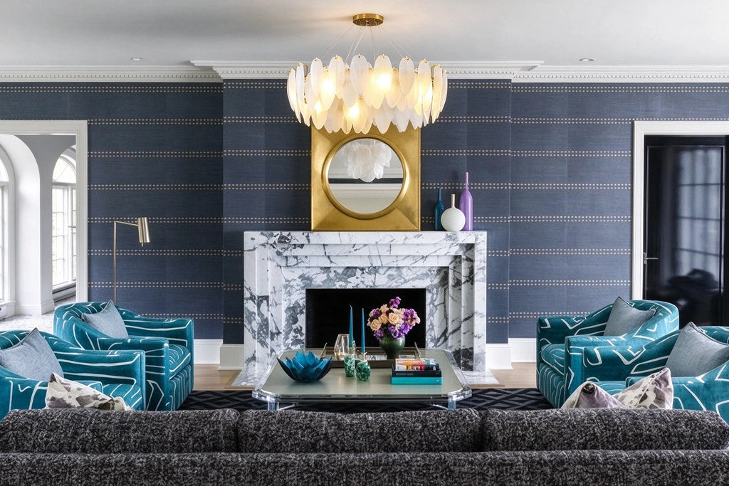 Modern Brass Feather Art Glass Chandelier in Formal Living Room
