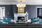 Modern Brass Feather Art Glass Chandelier in Formal Living Room