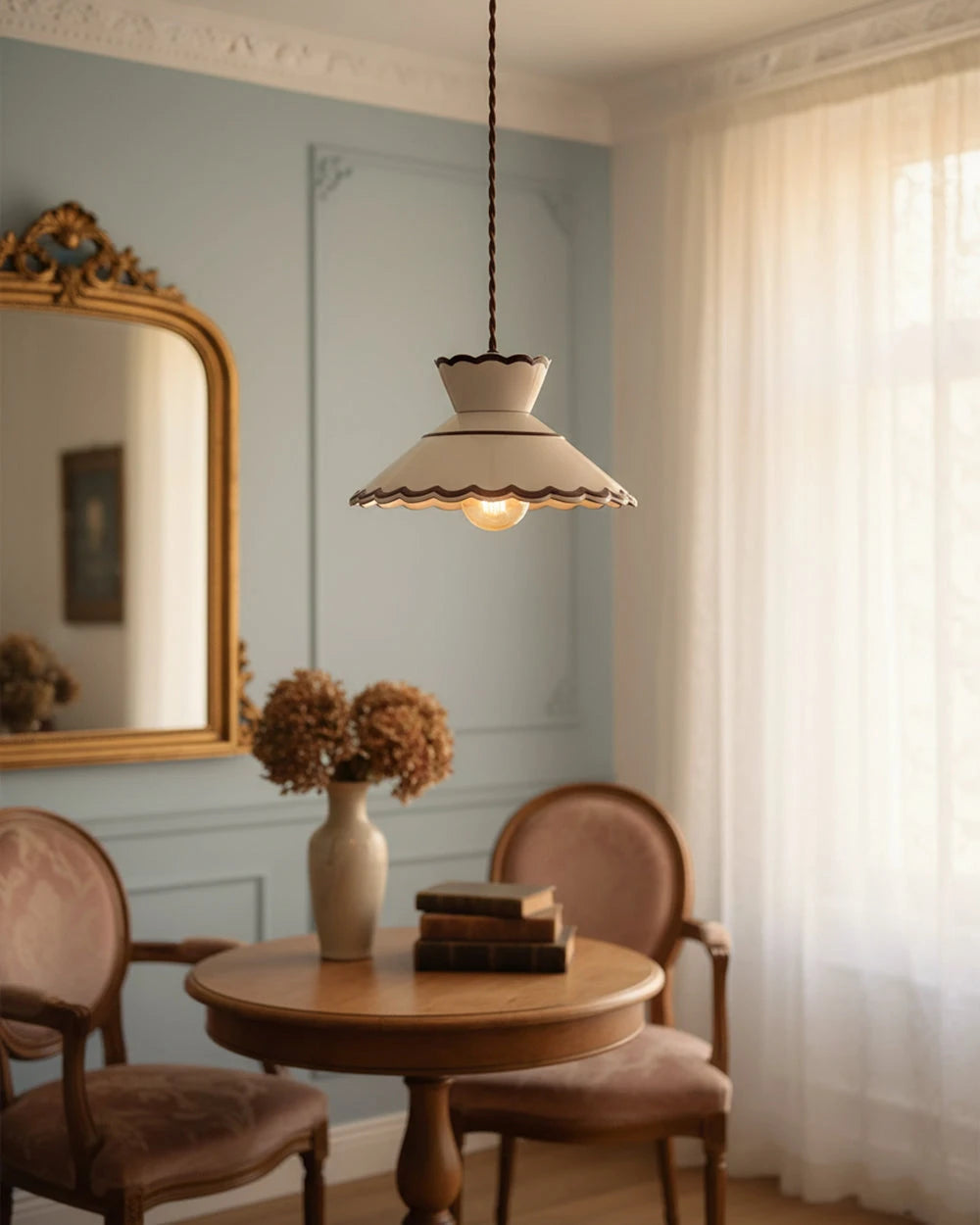 French Country Ceramic Pendant Light Over Dining Nook Table