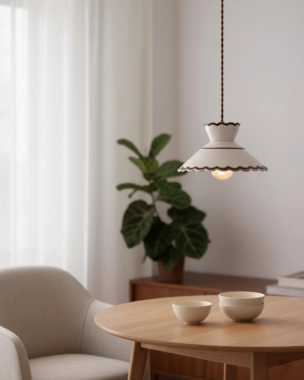 Scalloped Ceramic Shade Pendant Light Over Modern Wooden Dining Table