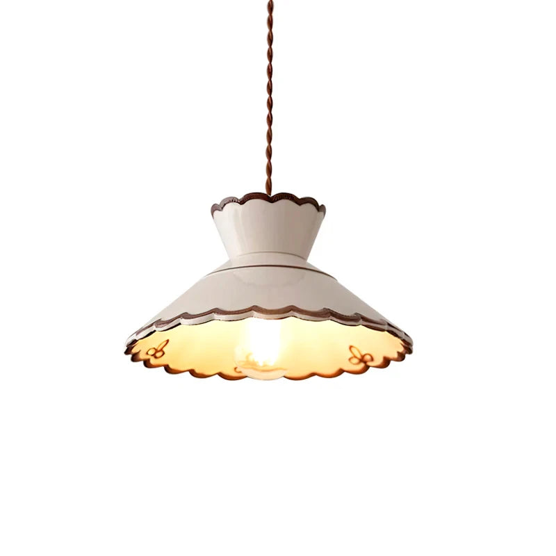 Modern Vintage Scalloped Ceramic Pendant Light with Brown Rim on White Background