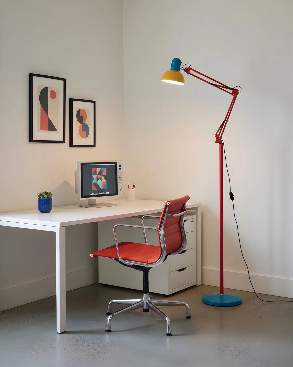 Colorful Adjustable Swing Arm Floor Lamp Beside Home Office Desk