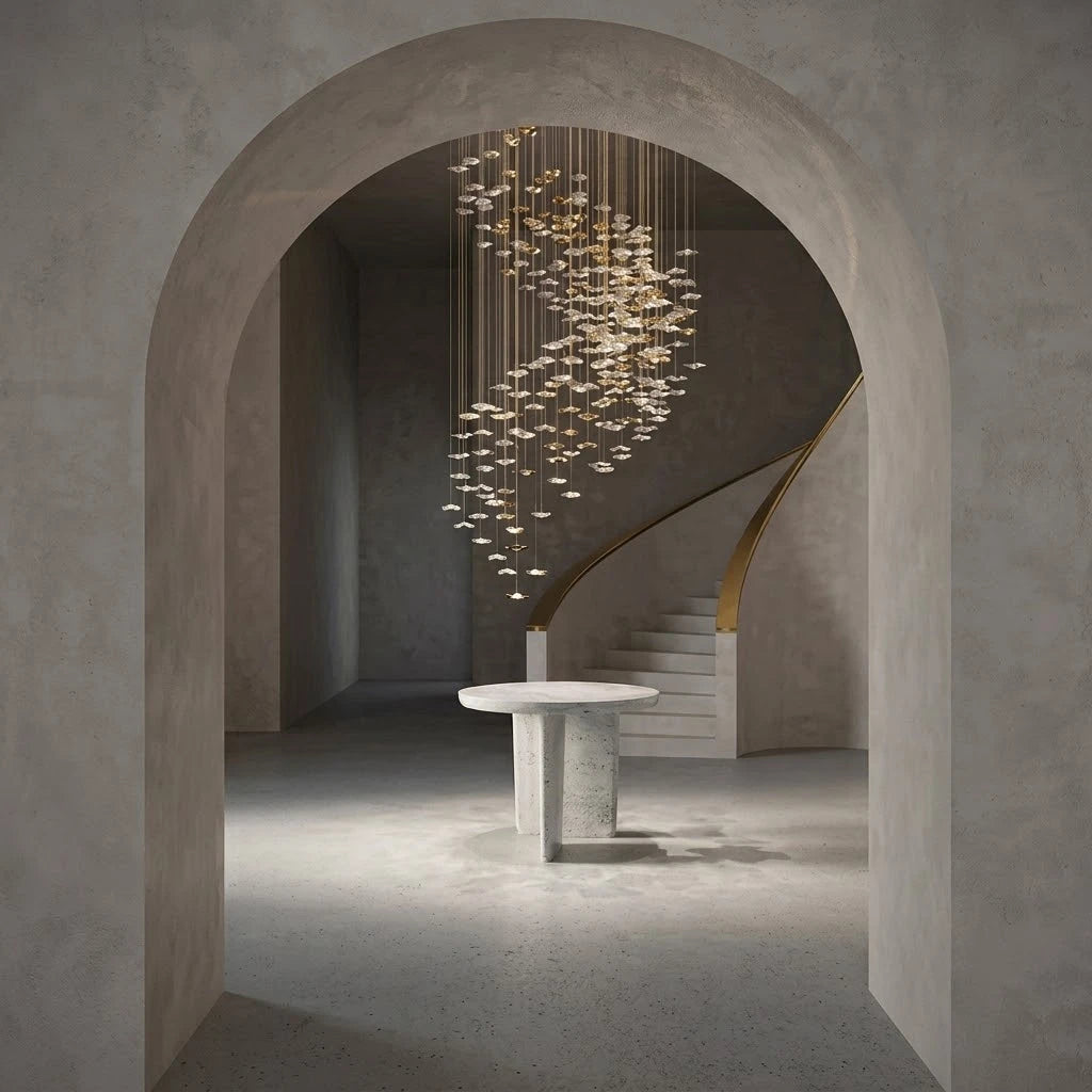 Large custom glass chandelier for a gallery reception interior