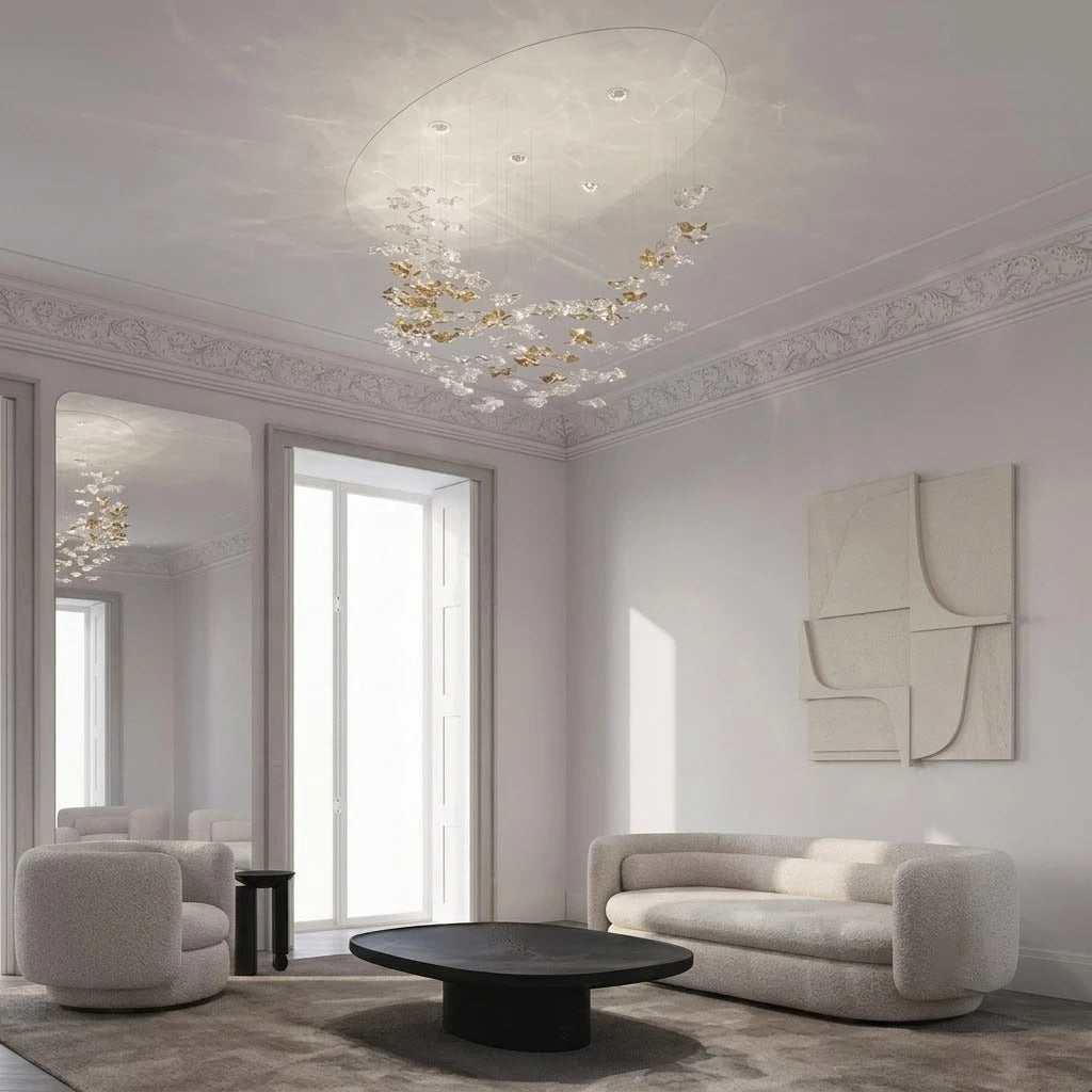 Wide custom ceiling light installation in a luxury interior