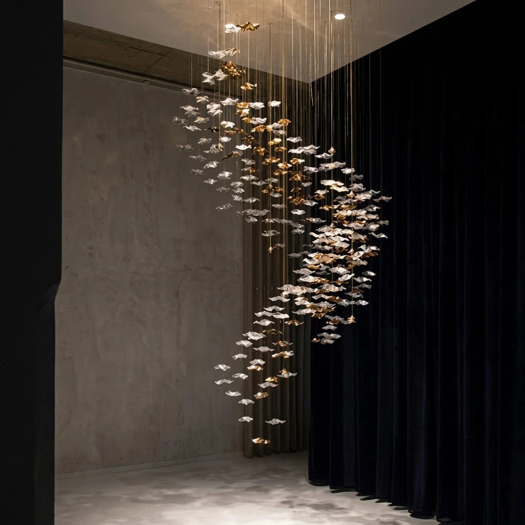 Full-scale custom chandelier installation trial for a large interior