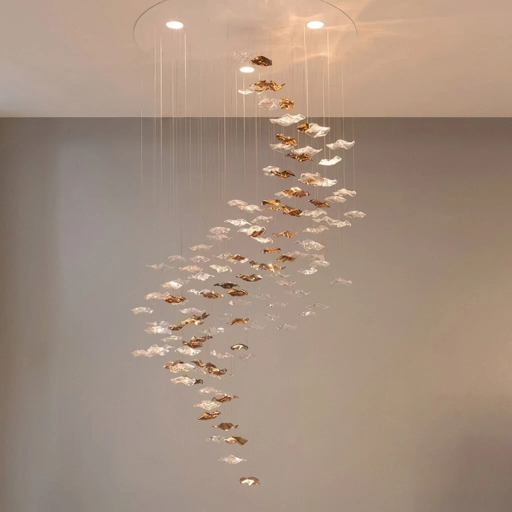 Large bespoke suspended glass lighting installation for a luxury hospitality interior