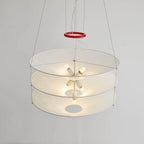 Bottom Up View of Cascading White Cone Fabric Chandelier and Internal Lighting