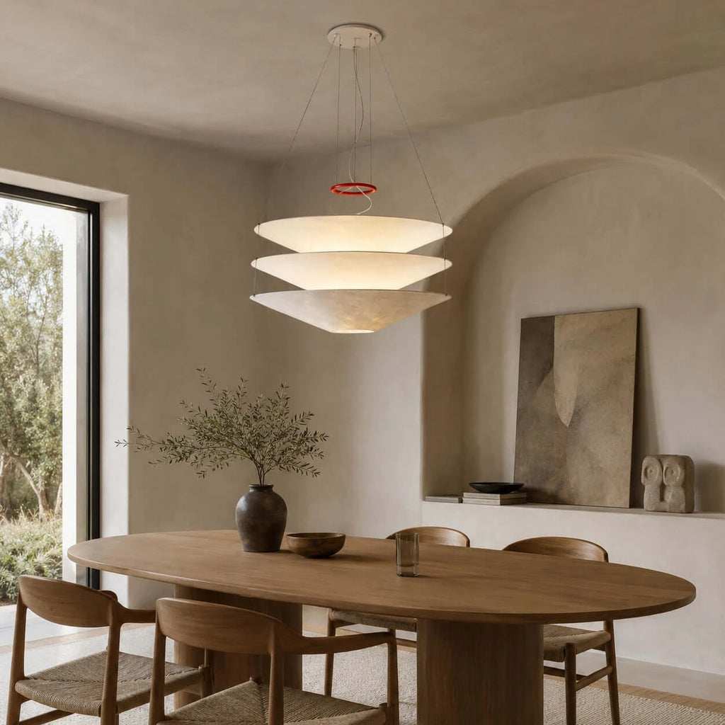 Modern Cascading Fabric Art Chandelier Over Wooden Dining Table