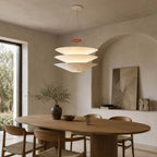 Modern Cascading Fabric Art Chandelier Over Wooden Dining Table