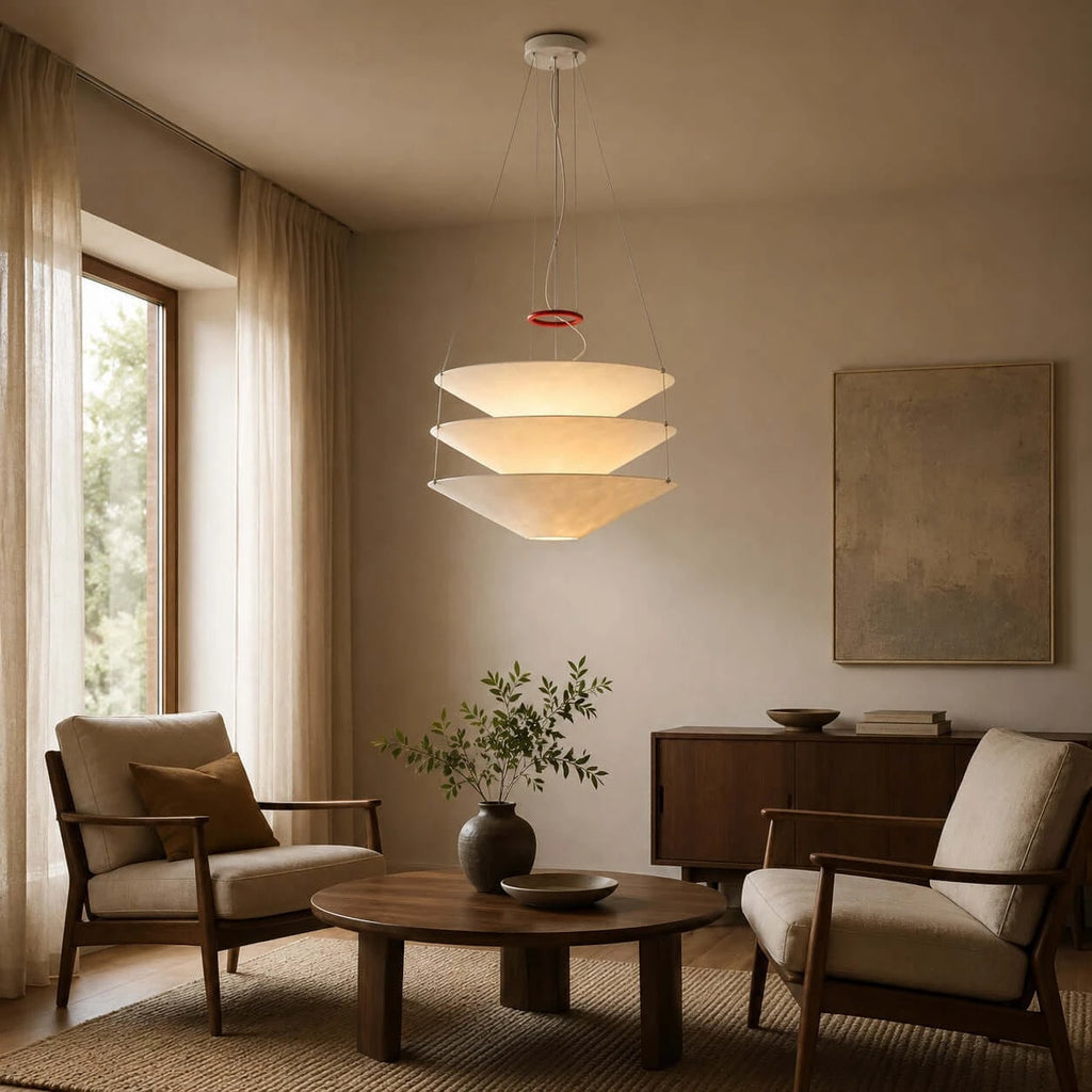Modern White Fabric Tiered Chandelier in Living Room Interior
