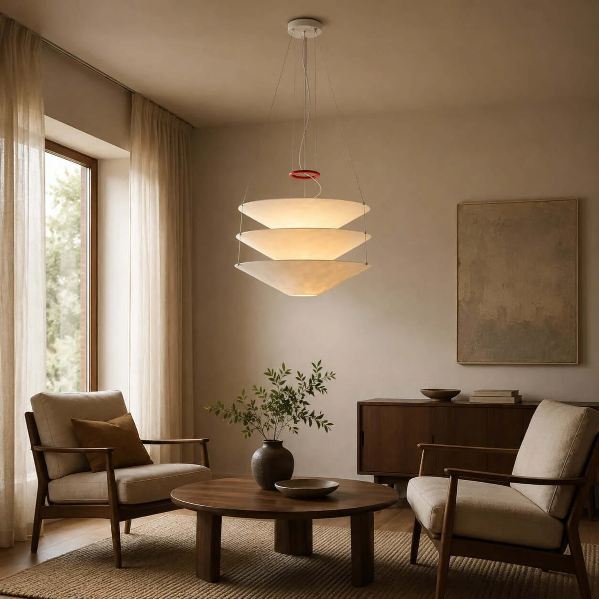 Modern White Fabric Tiered Chandelier in Living Room Interior