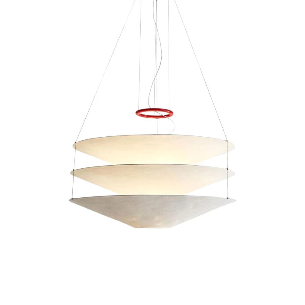 Modern Cascading White Cone Fabric Art Chandelier with Red Accent Ring on Pure White Background