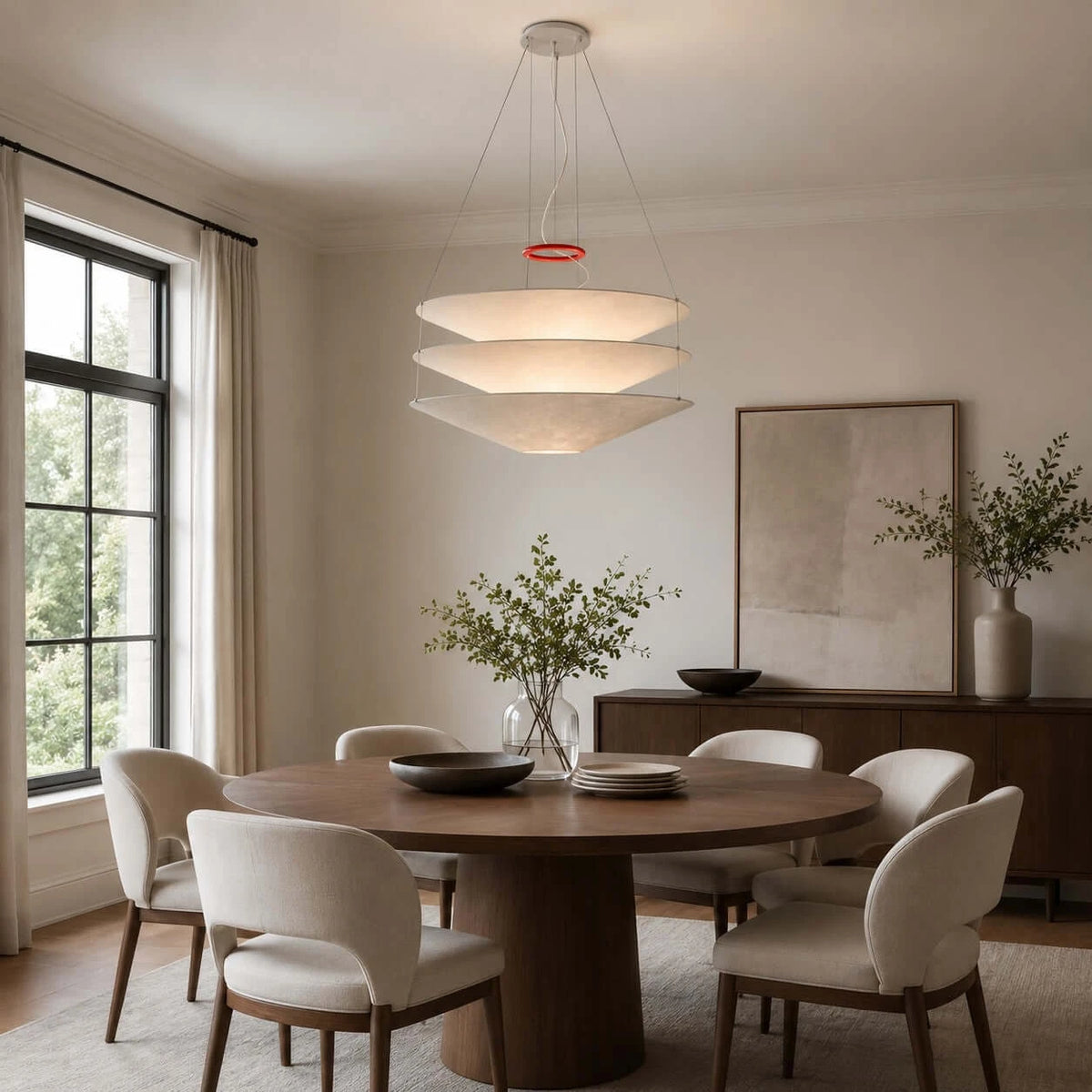 Modern White Cone Fabric Art Chandelier Over Round Dining Table