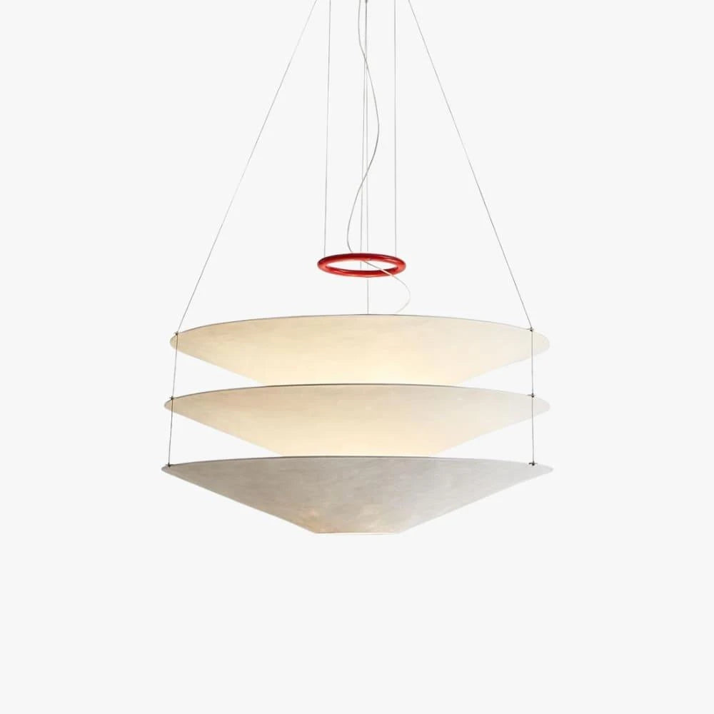 Side View of Illuminated Modern White Fabric Tiered Chandelier